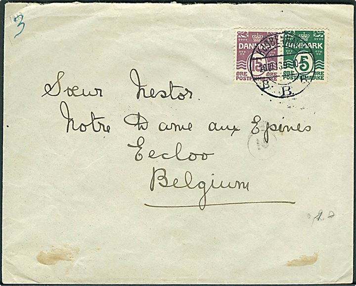5 øre og 15 øre Bølgelinie på brev fra Kjøbenhavn d. 20.10.1913 til Eecloo, Belgien.