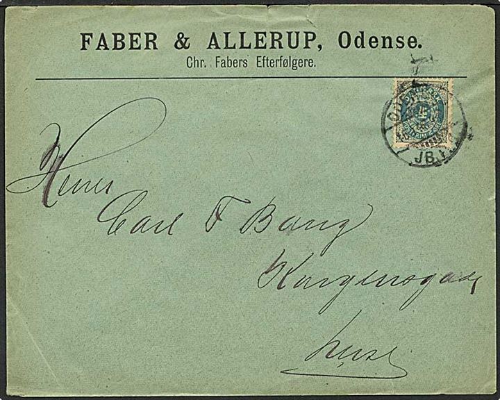 4 øre tofarvet på lokalt sendt brev fra Odense d.16.1.1898. Mærket med perfin F02 - Faber & Allerup.