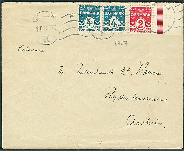 2 øre og 4 øre (par) Bølgelinie på brev fra Kjøbenhavn d. 9.11.1917 til Rytterkasernen i Aarhus.