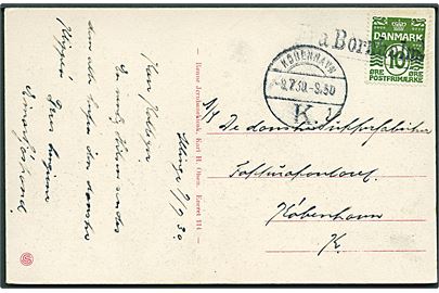 10 øre Bølgelinie på brevkort fra Allinge annulleret med skibsstempel Fra Bornholm og sidestemplet København K. d. 9.7.1930 til København.