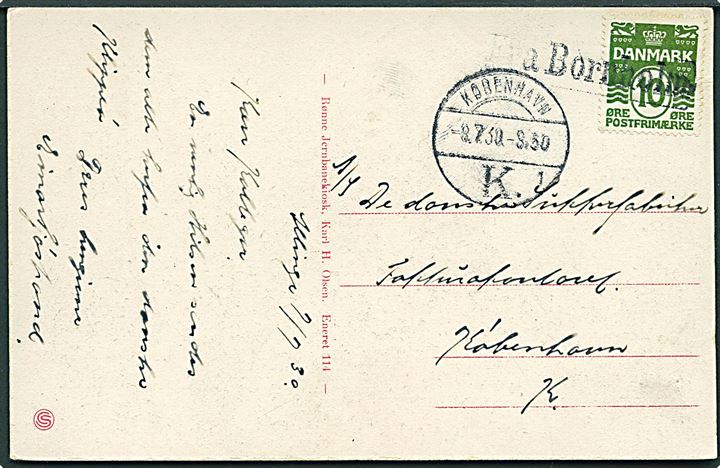 10 øre Bølgelinie på brevkort fra Allinge annulleret med skibsstempel Fra Bornholm og sidestemplet København K. d. 9.7.1930 til København.