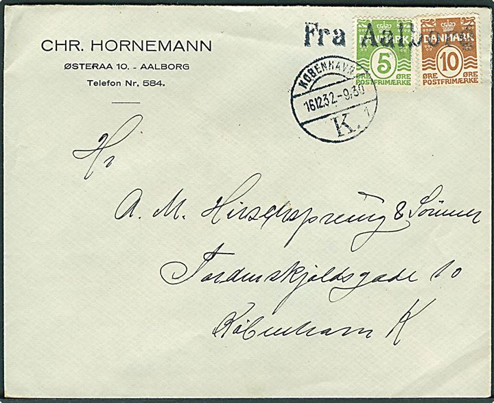 5 øre og 10 øre Bølgelinie på brev annulleret med skibsstempel Fra Aalborg og sidestemplet København d. 16.12.1932 til København.