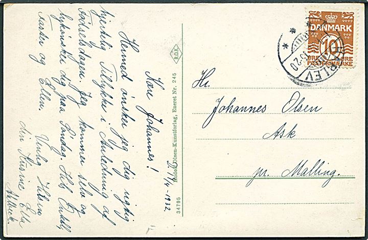 10 øre Bølgelinie på brevkort annulleret med brotype Ic Harlev d. 15.4.1932 til Ask pr. Malling.
