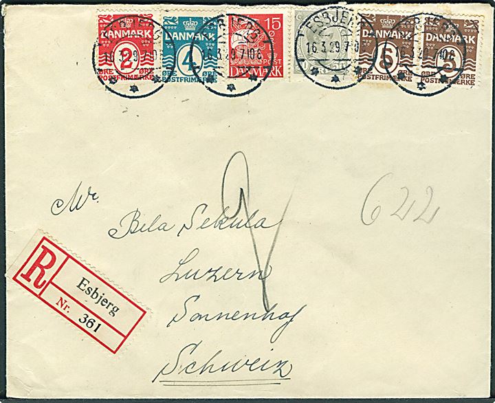 2 øre, 4 øre, 5 øre (2) Bølgelinie, 15 øre Karavel og 50 øre Chr. X på anbefalet brev fra Esbjerg d. 16.3.1929 til Luzern, Schweiz. Del af bagklap mgl.