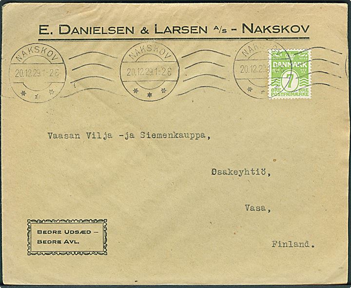 7 øre Bølgelinie på tryksag fra Nakskov d. 20.12.1929 til Vasa, i Finland.