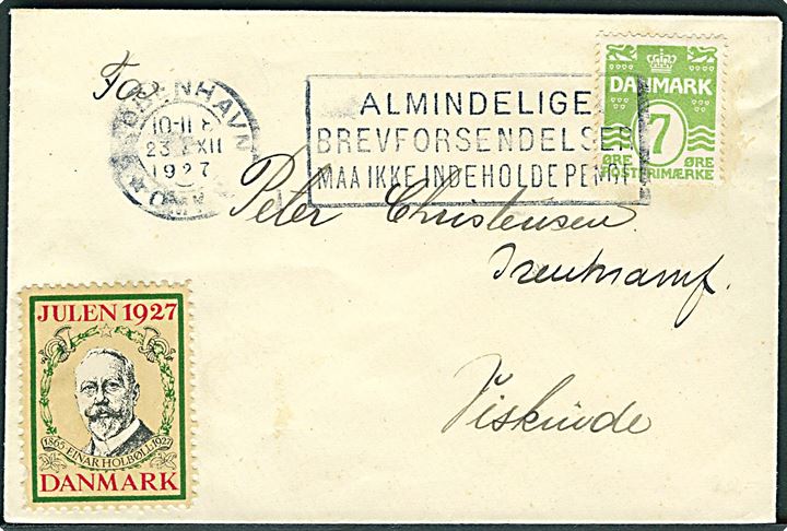 7 øre Bølgelinie single på lille tryksag fra København d. 23.12.1927 til Viskinde.
