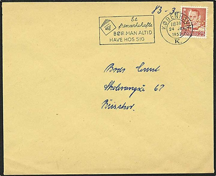25 øre rød Fr. IX på brev fra København d. 24.1.1952 til Risskov. Mærket med perfin S59 - Det Statistiske Departement.