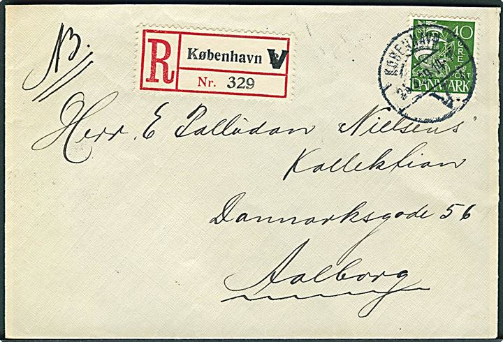 40 øre Karavel single på anbefalet brev fra København V d. 25.3.1929 til Aalborg.