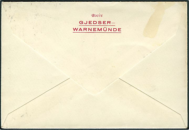 25 øre Karavel på fortrykt kuvert Route Gjedser-Warnemünde annulleret med bureaustempel Kjøbenhavn - Warnemünde T.71 d. 3.6.1930 til Berlin, Tyskland.