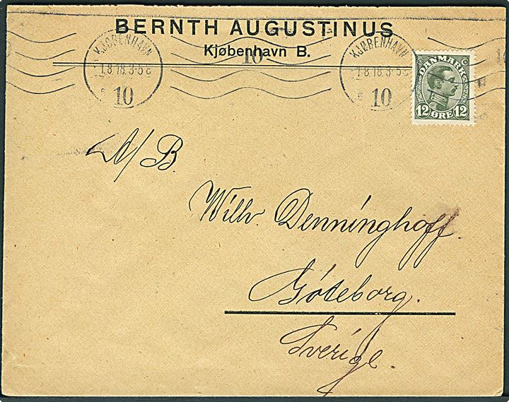 12 øre Chr. X single på brev fra Kjøbenhavn d. 1.8.1918 til Göteborg, Sverige.