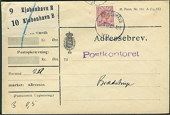 50 øre Chr. X single på adressebrev for 2 pakker fra Kjøbenhavn d. 23.8.1917 til Brædstrup.