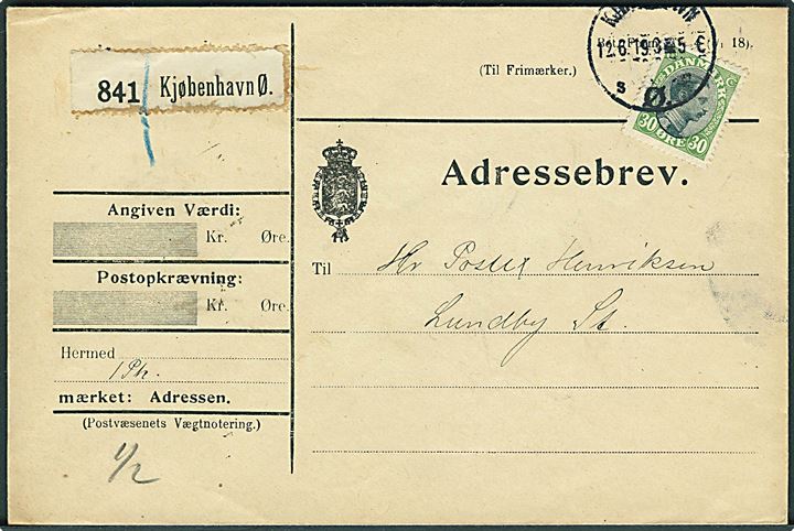 30 øre Chr. X single på adressebrev for pakke fra Kjøbenhavn d. 12.6.1919 til Lundby St.