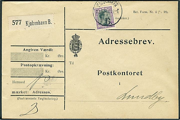 40 øre Chr. X single på adressebrev for pakke fra Kjøbenhavn d. 27.5.1919 til Lundby.