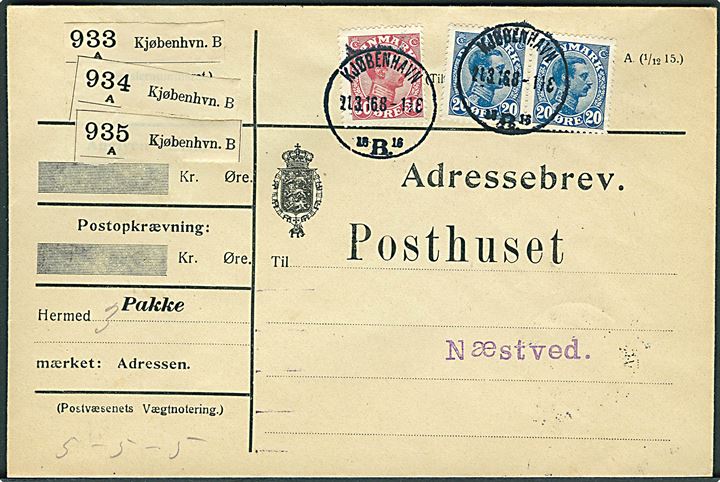 20 øre i parstykke og 50 øre Chr. X på adressebrev for 3 pakker fra Kjøbenhavn d. 21.3.1916 til Næstved.