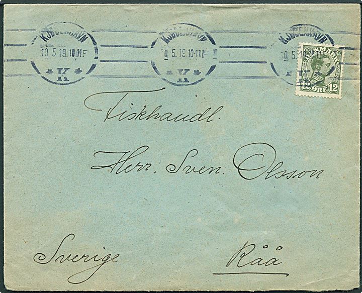 12 øre Chr. X single på brev fra Kjøbenhavn d. 10.5.1919 til Råå, Sverige.