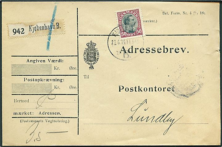 50 øre Chr. X single på adressebrev for pakke fra Kjøbenhavn d. 26.6.1919 til Lundby.