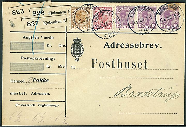 15 øre (3), 50 øre og 1 kr. Chr. X på adressebrev for 2 pakker fra Kjøbenhavn d. 17.5.1916 til Brædstrup. 1 mærke med rust.
