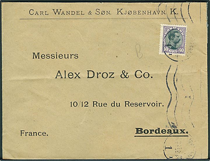 40 øre Chr. X single på brev annulleret med svagt stempel i Kjøbenhavn til Bordeaux, Frankrig.