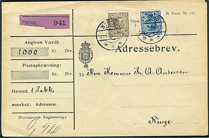 20 øre og 25 øre Chr. X på adressebrev for pakke med opkrævning fra Nyborg d. 20.2.1918 til Ringe.