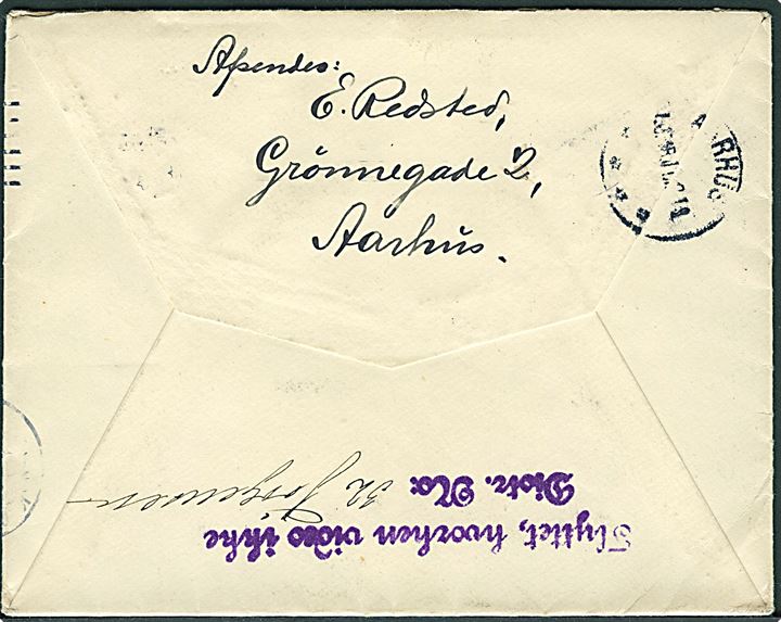 5 øre Chr. X i parstykke på brev fra Aarhus d. 9.12.1918 til København. Retur med stempel: Flyttet, hvorhen vides ikke.
