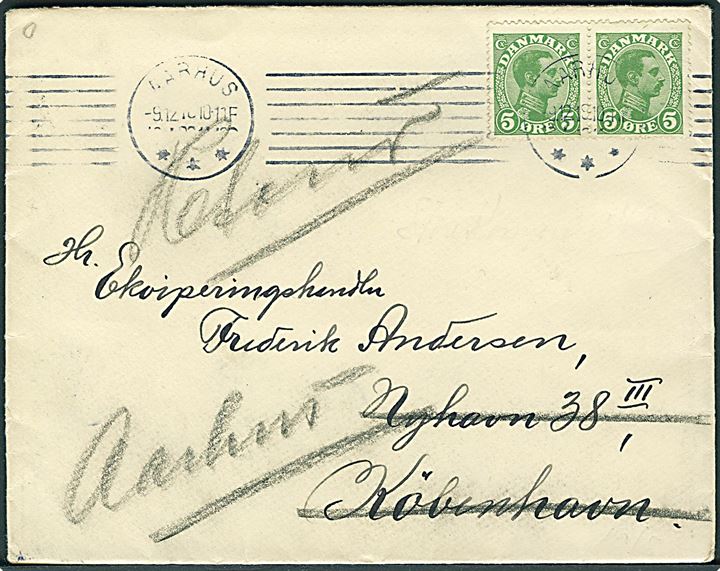 5 øre Chr. X i parstykke på brev fra Aarhus d. 9.12.1918 til København. Retur med stempel: Flyttet, hvorhen vides ikke.