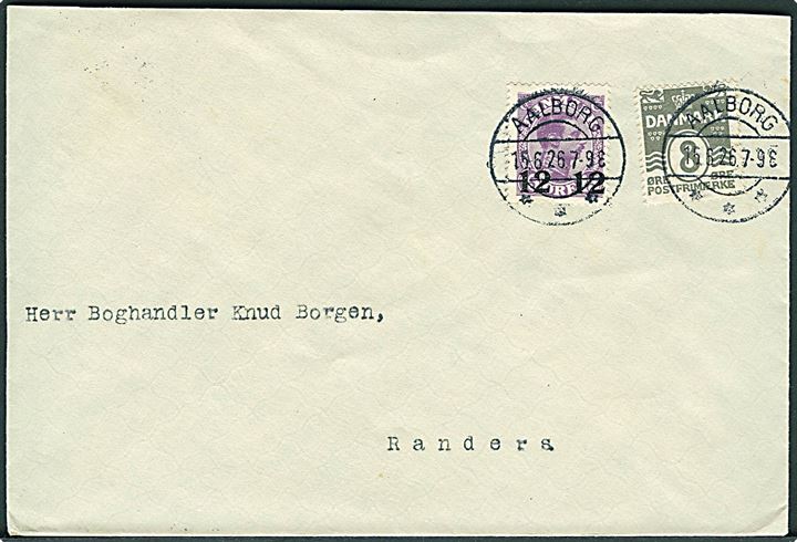 8 øre Bølgelinie og 12/15 øre Provisorium på brev fra Aalborg d. 15.6.1926 til Randers. Klippet i toppen.