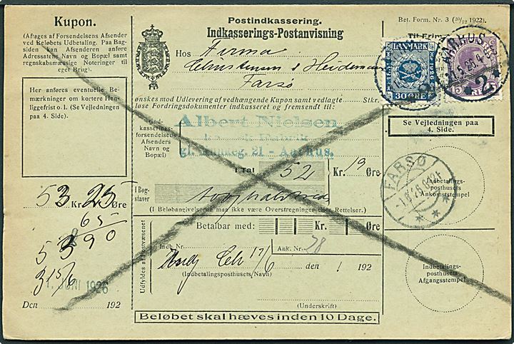 15 øre Chr. X og 30 øre Frimærkejubilæum på retur Indkasserings-Postanvisning fra Aarhus *2* d. 27.5.1926 til Farsø.