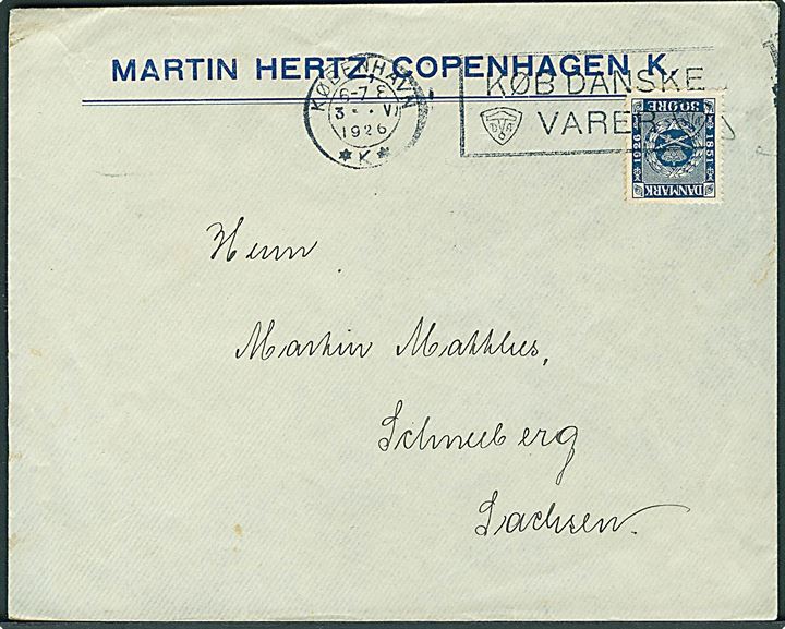 30 øre Frimærkejubilæum single på brev fra København d. 3.5.1926 til Schneeberg, Tyskland.