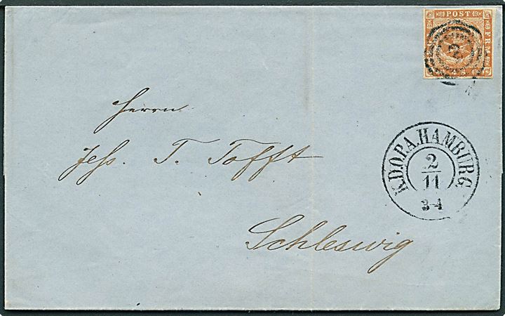 4 sk. 1854 udg. 4. tryk bundtryk IIa på brev annulleret med nr.stempel 2 og sidestemplet K.D.O.P.A. Hamburg d. 2.11.1856 til Schleswig.
