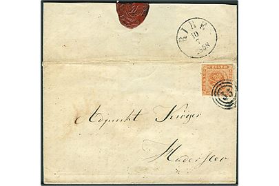 4 sk. 1854 udg. 5. tryk på brev annulleret med nr.stempel 55 og sidestemplet på bagsiden antiqua Ribe d. 10.7.1858 til Haderslev.