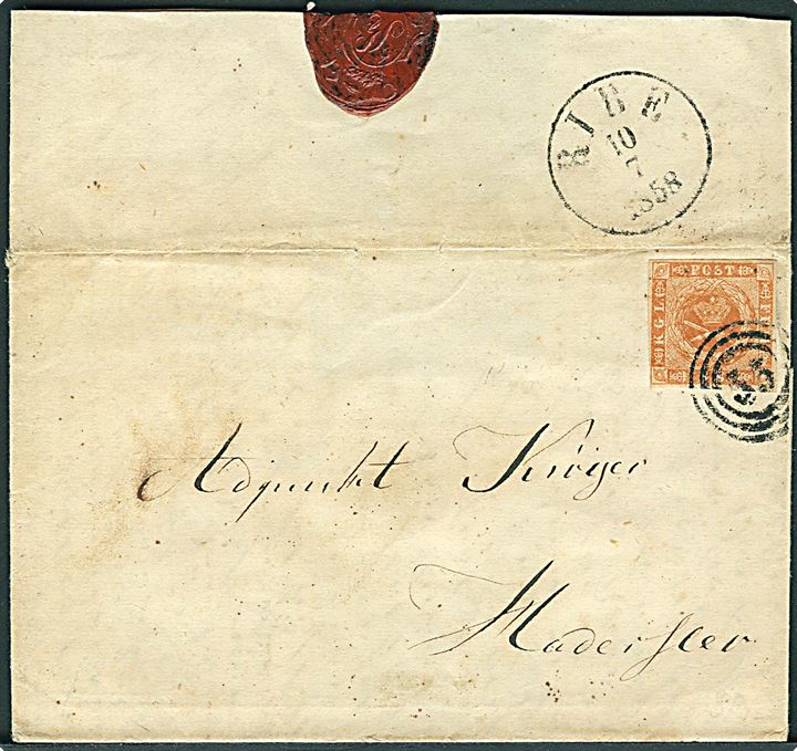 4 sk. 1854 udg. 5. tryk på brev annulleret med nr.stempel 55 og sidestemplet på bagsiden antiqua Ribe d. 10.7.1858 til Haderslev.