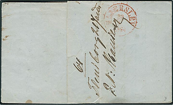 4 sk. stukken kant på brev annulleret med nr.stempel 16 og sidestemplet Flensborg d. 30.1.1864 via Haderslev til Varde. På bagsiden transit stemplet med antiqua Haderslev i rød farve. Send umiddelbart inden krigsudbruddet.
