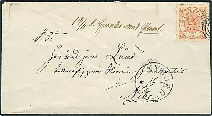 4 sk. Krone/Scepter på brev annulleret med del af nr.stempel og sidestemplet antiqua Nyborg d. 1.11.186x til Nibe. 