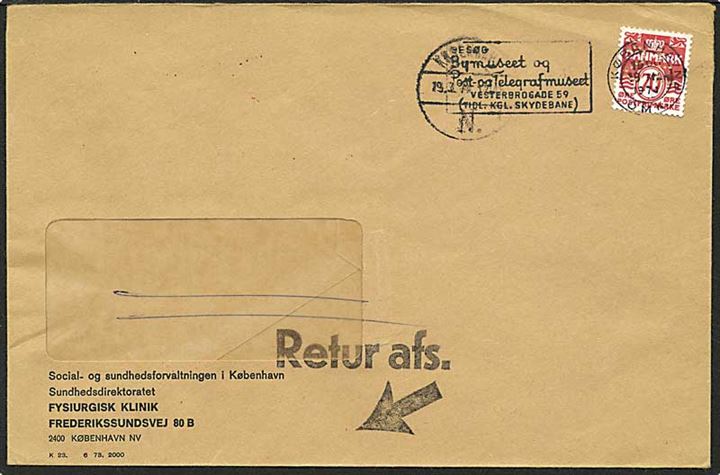 70 øre rød bølgelinie på brev fra København d. 18.3.1974. Brevet er returneret. Mærket med perfin S23 - Social- og sundhedsforvaltningen i København.