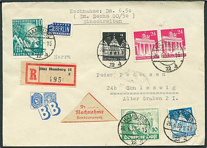 2 pfg., 20 pfg, 24 pfg. (par) Bygninger, 10 pfg. Bundes Tag, samt Berlin 10 pfg. Goethe og 2 pfg. Notopfer Berlin på anbefalet brev med postopkrævning fra Hamburg d. 26.6.1950 til Schleswig.