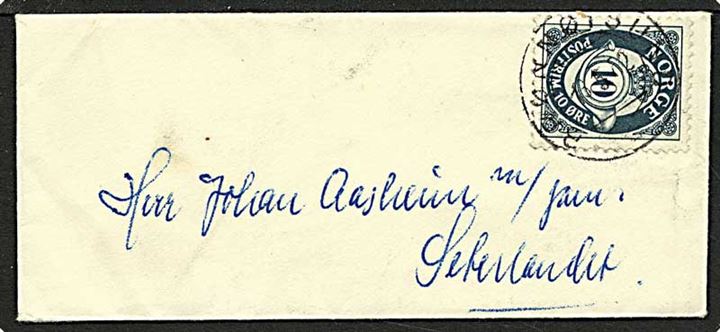 10 øre grå posthorn på mini brev fra Brønnøysund, Norge, d. 13.5.1952 til Seterlandet.