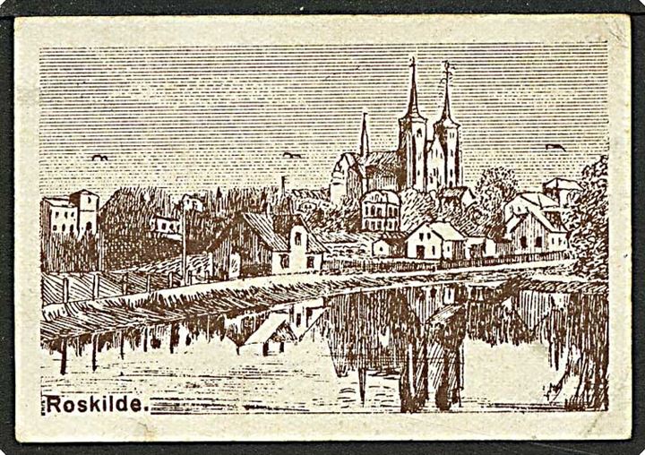 Mini brevkort fra børnenes postkontor med 15 øre Chr. X motiv af Roskilde Domkirke.