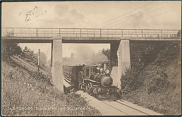 Svendborg, Sct. Jørgens viadukt med lokomotiv. Stenders no. 3709. Kvalitet 7