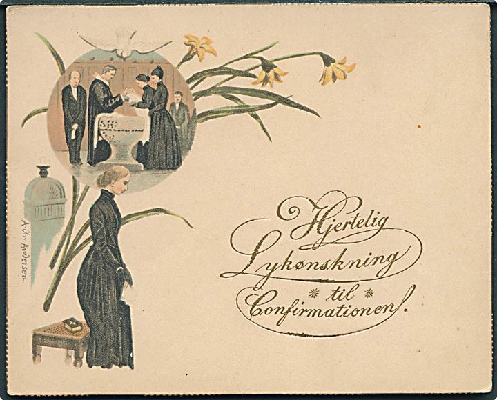 Andersen, A. C. U/no. “Hjertelig lykønskning til confirmationen”. Kartonkort (11x9 cm.). Kvalitet 9