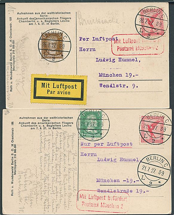 Fly, oceanflyverne Chamberlin og Levine modtages i Tyskland d. 7.6.1927. Seks kort alle sendt som luftpost. Kvalitet 8