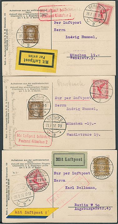 Fly, oceanflyverne Chamberlin og Levine modtages i Tyskland d. 7.6.1927. Seks kort alle sendt som luftpost. Kvalitet 8