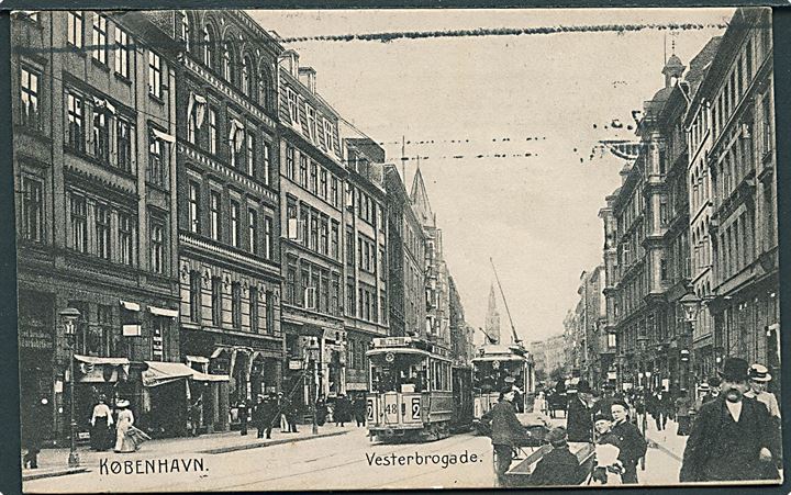 Købh., Vesterbrogade med sporvogn linie 2 vogn nr. 48. Stenders no. 107. 2 hjørneknæk. Kvalitet 6