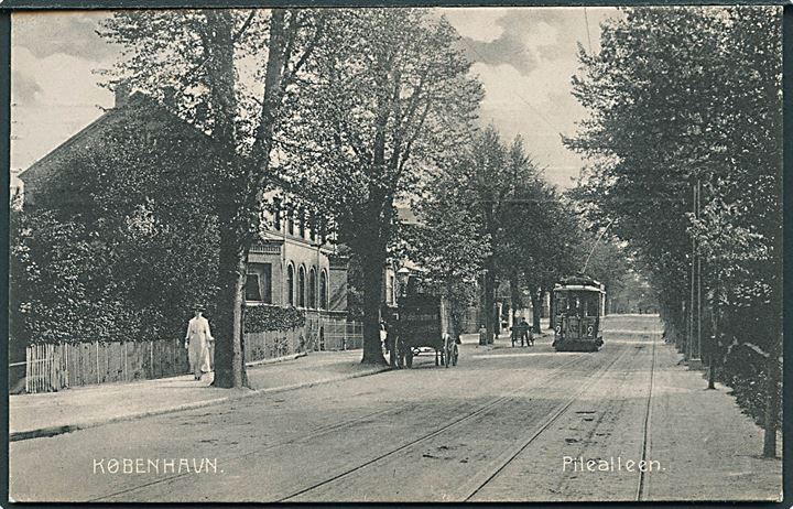 Købh., Pilealle med sporvogn linie 2 vogn nr. 62. Stenders no. 3149. Kvalitet 7