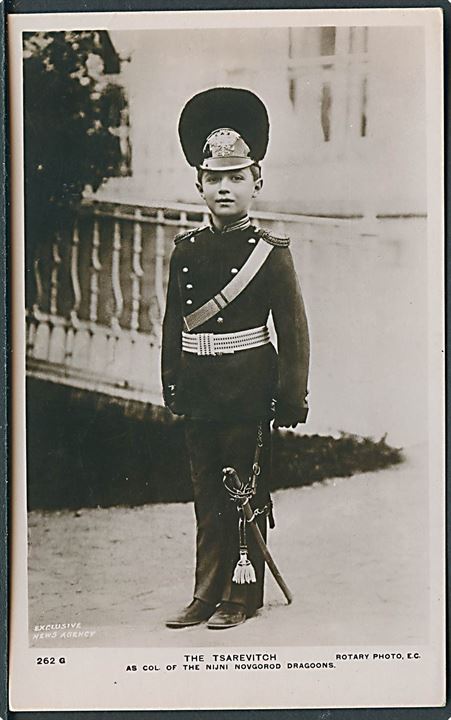 Rusland, tronfølger Aleksej Nikolajevitj som oberst i Nijni Novgorod Dragoons. Rotary no. 262G. Kvalitet 7