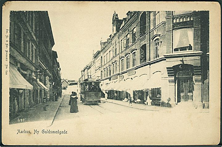 Aarhus, Ny Guldsmedgade med sporvogn no. 15. Sk. B. & Kf no. 622. Kvalitet 6