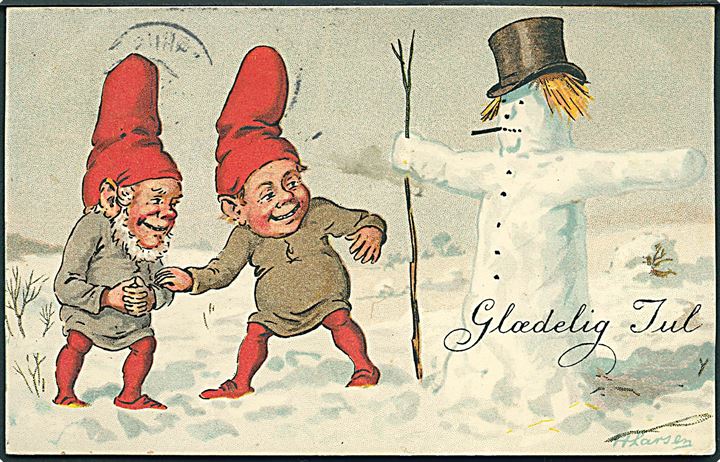 Larsen, Henrik: “Glædelig Jul” med nisser og snemand. Paul Heckscher u/no. Kvalitet 8