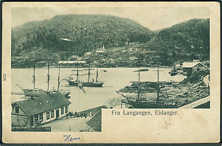 Eidanger, fra Langangen med sejlskibe. No. 5073. Kvalitet 7