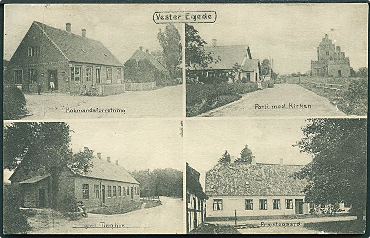 Vester Egede, partier med Købmandsforretning, Kirke, Tinghus og Præstegaard. Foto H. Schmidt u/no. Kvalitet 8