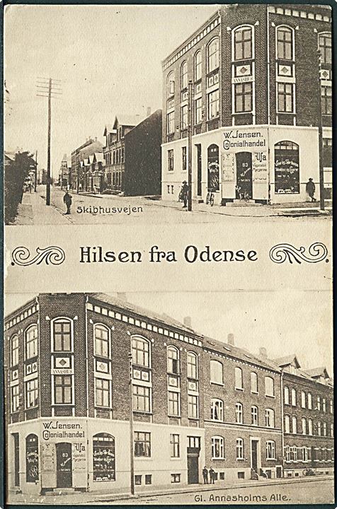 Odense, Skibhusvej og Gl. Annaholms Alle med W. Jensens Colonialhandel. Foto H. Schmidt u/no. Kvalitet 8