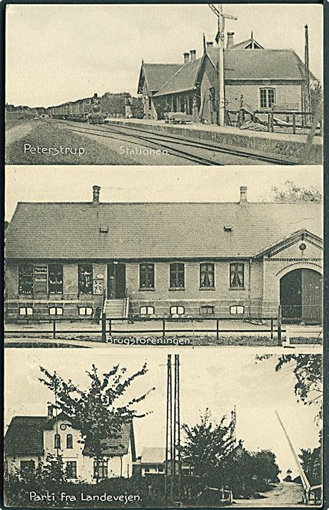 Pederstrup, Station med lokomotiv og Brugsforening. Foto H. Schmidt no. 27033. Kvalitet 8
